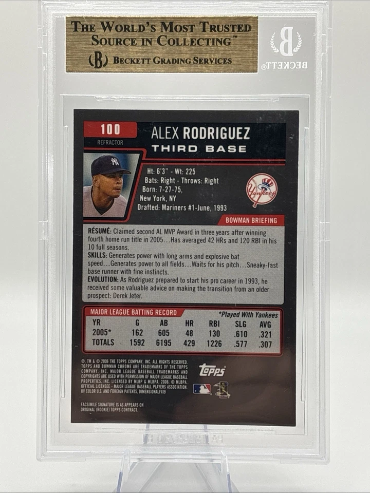 Bowman Chrome Refractor Alex Rodriguez #100 BGS 2006 9,5 gema como nuevo Foto 2 de 2