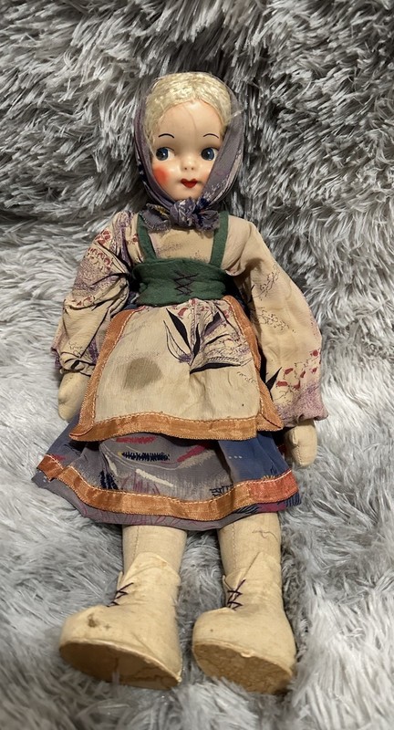 Antique Rag Doll Poland Folk Art Googly Eyed Celluoid Head Scarf 14” hinged