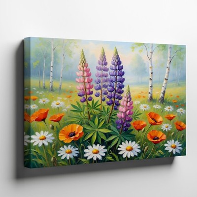 Colorful Lupine Wildflower Canvas Wall Art with Poppies and Daisies Meadow Decor