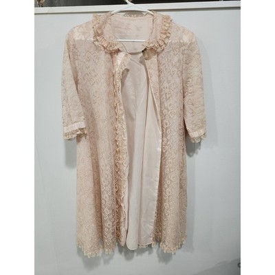 Vintage 1960 Odette Barsa Dressing Robe, Pink Ecru Lace Overlay **read**