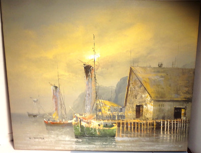 JAMES L. THOMAS oil painting MARINE DOCKSIDE HARBOR VIEW - 24'' x 20''-FANTASTIC