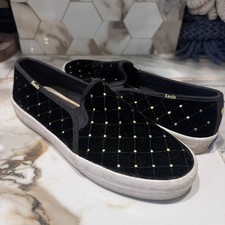 Keds x Kate Spade Double Decker Quilted Black Velvet Gold Stud Slip-On Sneakers9