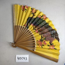 Folding Hand Fan Yellow Bamboo Paper Peacock Taiwan Vintage 40C43