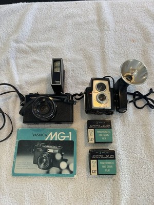 Yashica MG-1  35mm Camera & Flash Plus Kodak Brownie & Film