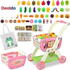 Kids Shopping Cart - 2 in 1 Toy Shopping Cart with Play Food Fruit Vegetable Des