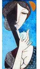 BRUNO LANDI (1941), Ritratto di donna con mela, Olio su Tela 60x30, Archiviato
