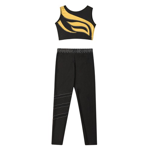 Kids Girl's Crop Top With Pants Shiny T-shirt Tights Set Sports Dance Outfit - Picture 11 of 53
