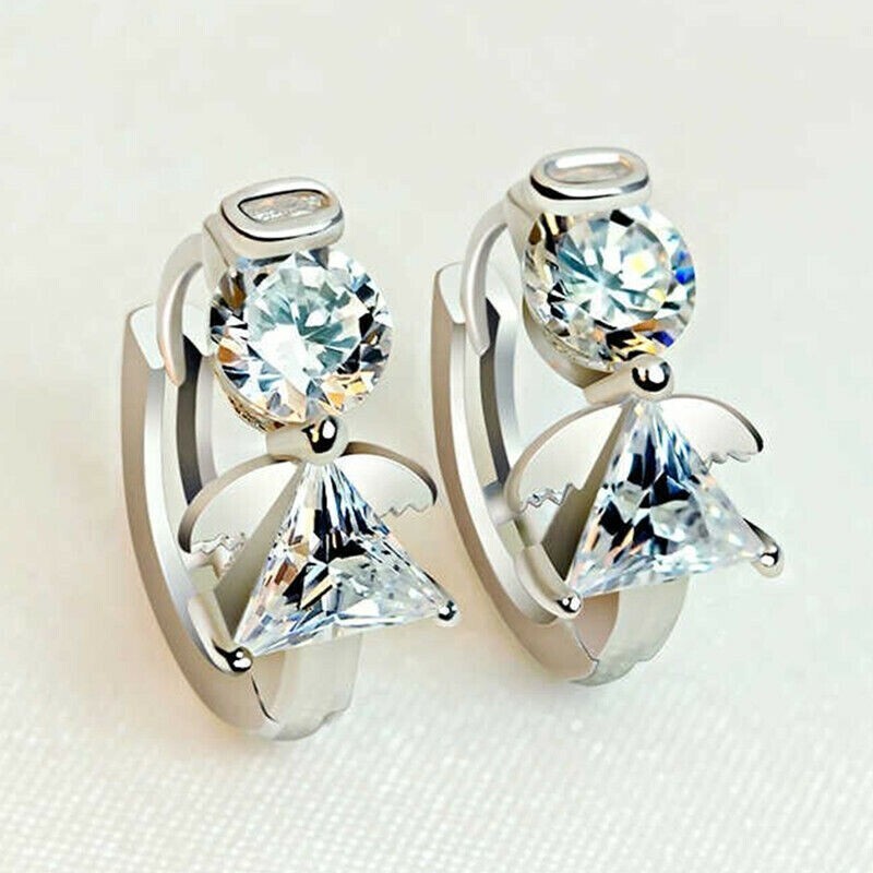 Pretty New Petite Silver Plated Clear CZ Angel Round Huggie Hoop Earrings