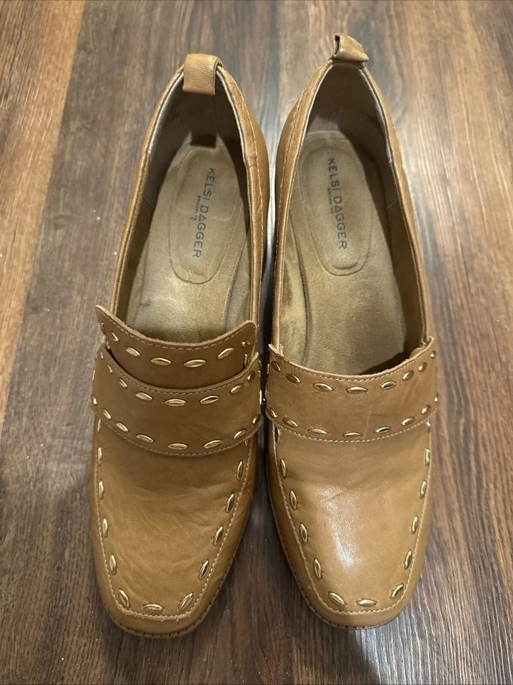 Kelsi Dagger Brooklyn Involve Tan Leather Loafers Heels Sz 11 - Image 3 of 4