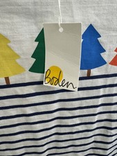 BODEN 11-12Y White Long Sleeve Cotton Shirt With Black Stripes  Trees NEW