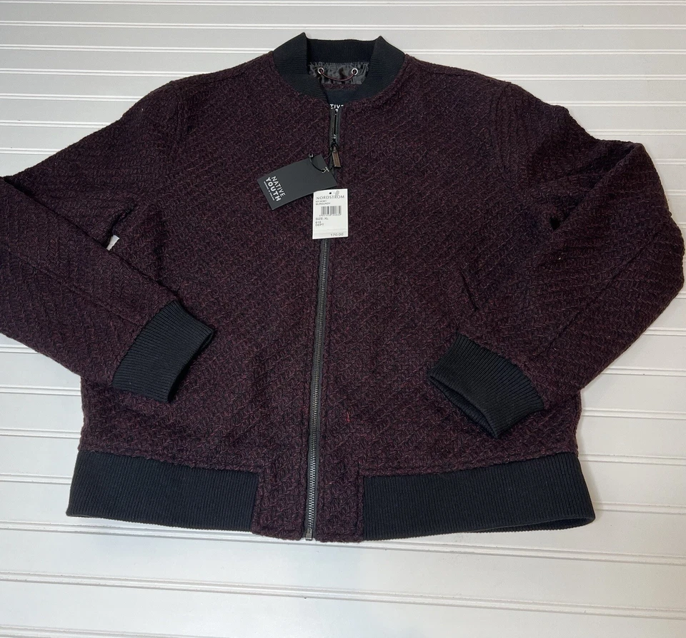 Native Youth Wool Tweed Bomber Jacket Coat Mens XL Nordstrom Burgundy NEW - Image 2 of 4