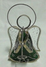 Stained Glass Green Christmas Angel Trumpet Tea Light Candle Holder 6" Tall