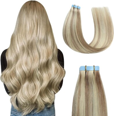 Tape in Echthaar Extensions 12 Zoll Aschblond hervorgehoben Bleichmittel natürliche Naht