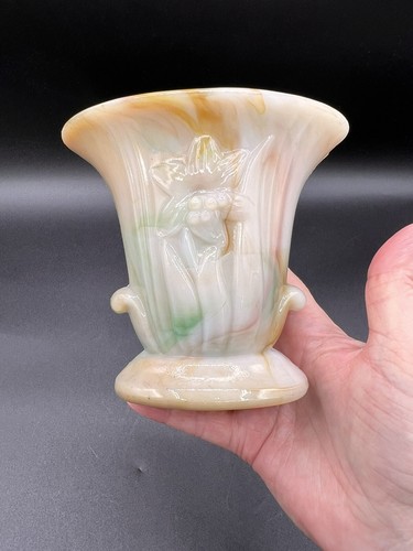 Vintage Akro Agate Slag Glass Orange/Green/Cream Flower Vase Embossed Daffodil - Picture 6 of 10
