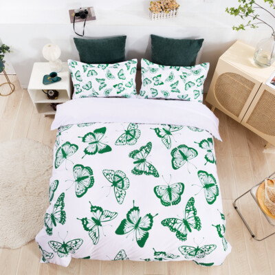 3D Green Butterfly White Background Quilt Cover Set Bedding Sets Pillowcases