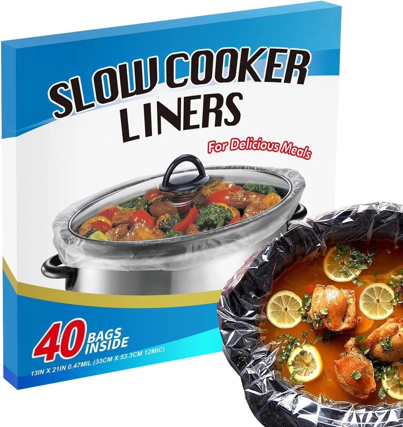 ECOOPTS Slow Cooker Liners (40 Liners), 13" × 21" Pot × 21", transparent
