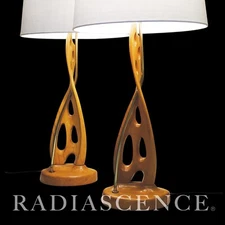 LARGE PAIR DANISH ATOMIC MODERN ASH WOOD ORGANIC TABLE LAMPS 50's MODELINE