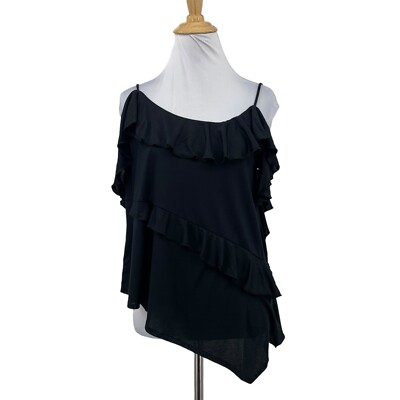 Anthropologie Asymmetrical Ruffle Cami Womens XS Extra Small Black Thin Straps