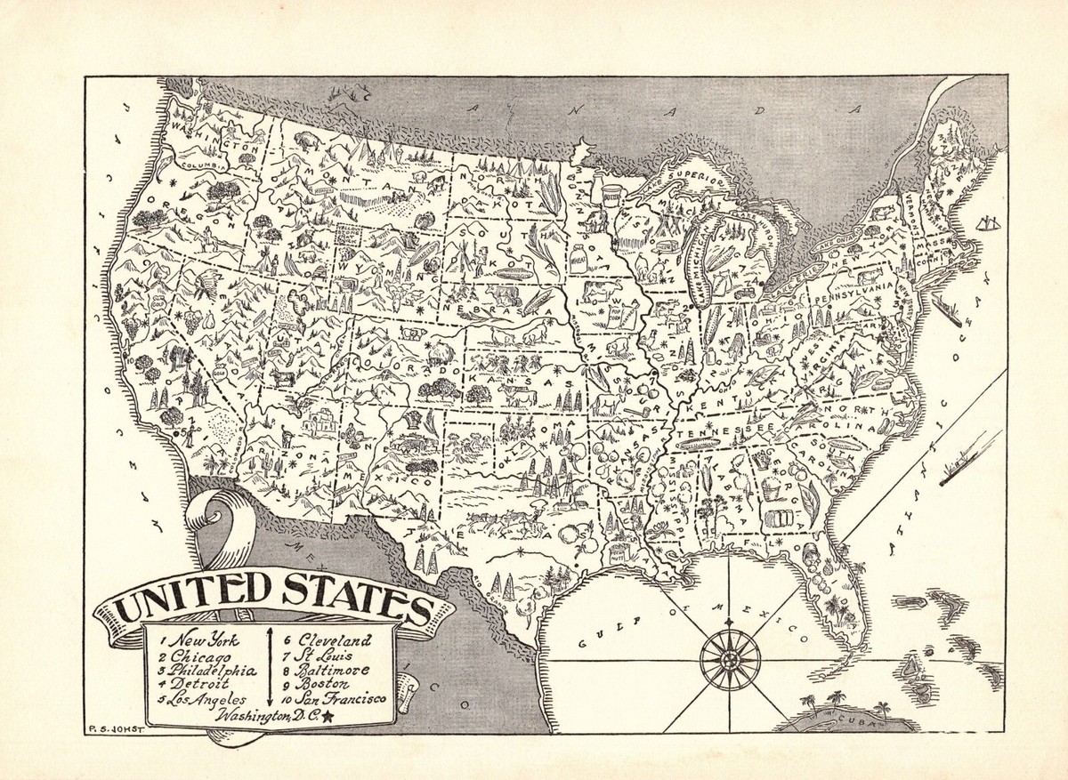 1950s Vintage United States Map Animated United States Picture Map