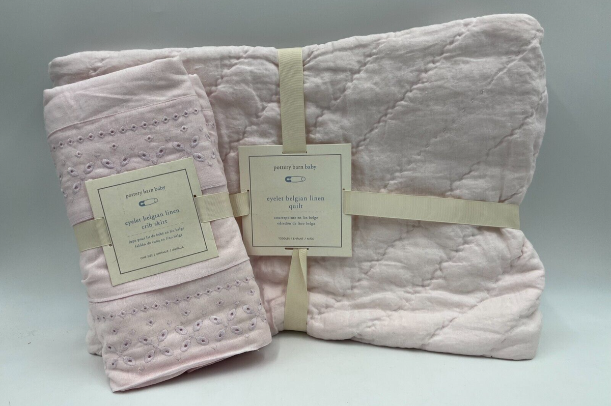 Pottery Barn Kids Eyelet Belgian Linen Pink Toddler Quilt W/ Crib Skirt #10B
