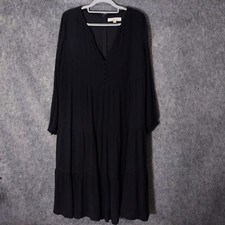 Loft Ann Taylor Dress S Midi Crepe Crinkle Slab Peasant Sleeve Button Black