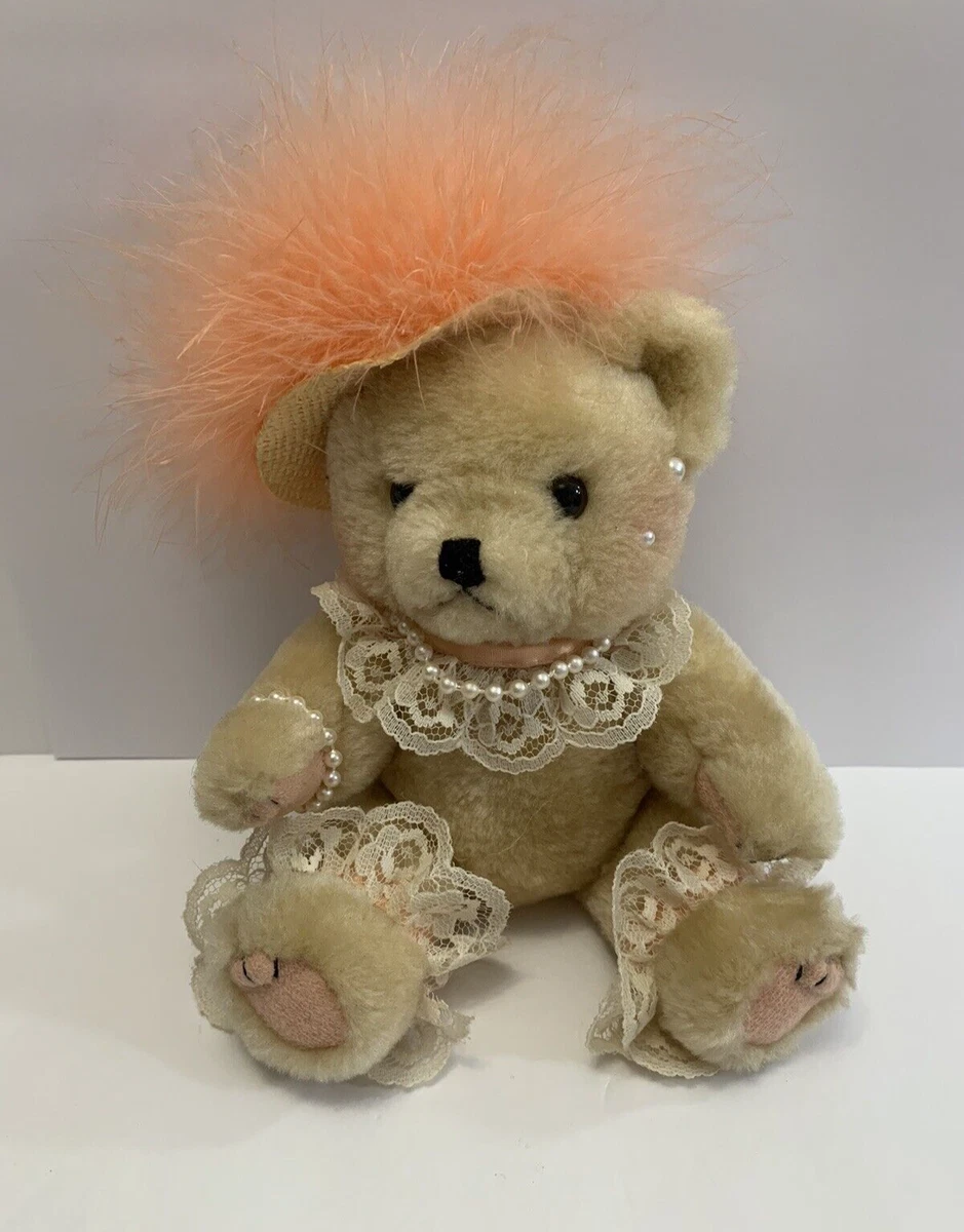 Small Bear Plush Dressed Fancy Pearls Lace Fluffy Plumes Hat