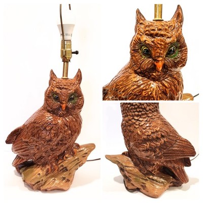 Vintage 1970s Hand Painted Ceramic Owl 24''H Table Lamp Mid-Century Retro Décor