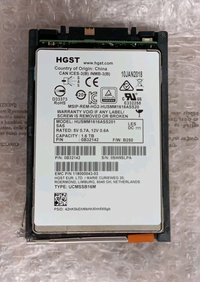 HGST HUSMM1616ASS201 1.6TB P/N 0B32142 SSD CON SLITTA
