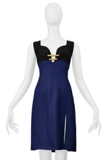 CHRISTIAN LACROIX BLACK AND BLUE LINEN DRESS WITH GOLD HARDWARE & SLIT