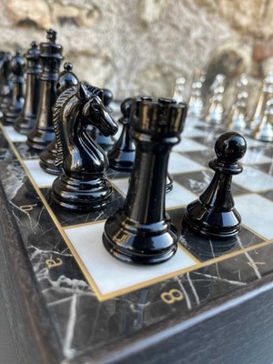 Chess Set with Storage 14.5'' X Large Weighted Marble Wooden Board Handmade 