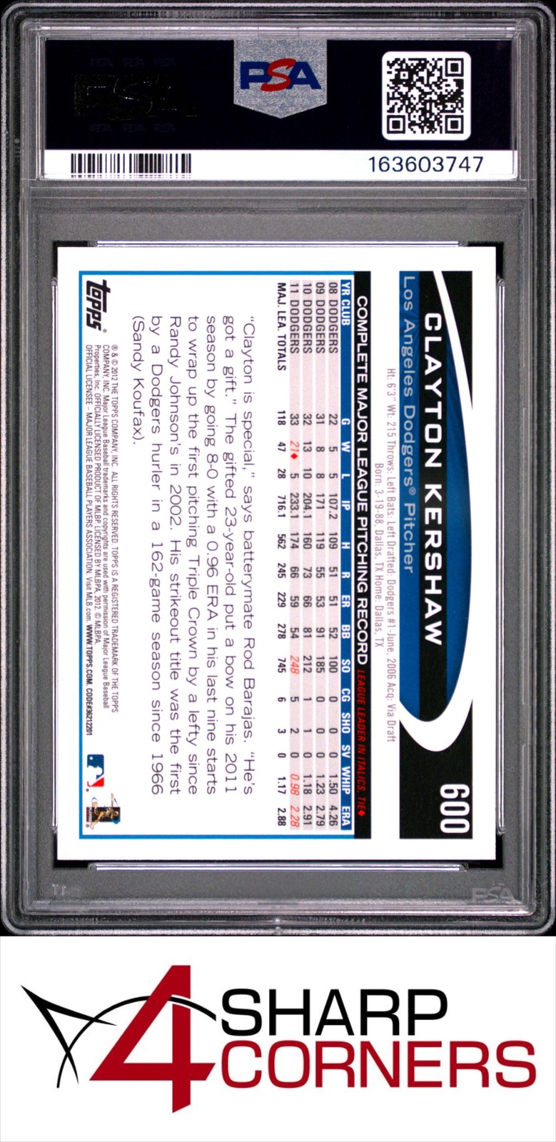 2012 TOPPS #600 CLAYTON KERSHAW DODGERS PSA 10 view 2