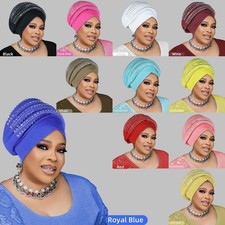 African Women Rhinestone Auto Gele Headtie Head Wrap Turban Nigerian Party Cap