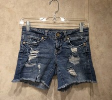Aeropostale Distressed Denim Midi Shorts Cut Off Frayed Size 00 Medium Wash