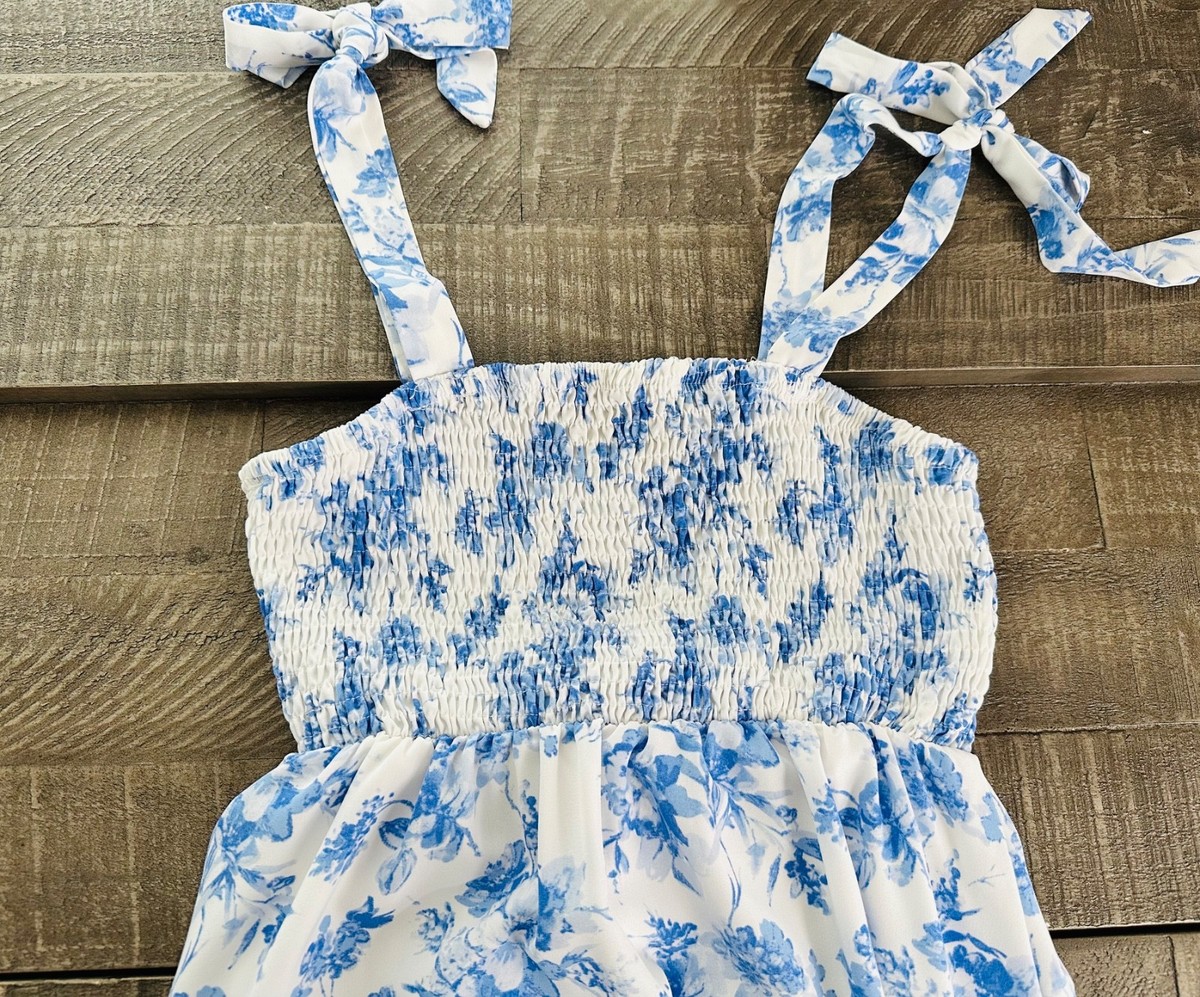White & Blue Floral Toile Women's XS Maxi Dress with Tied Straps and  Smocked Top | eBay