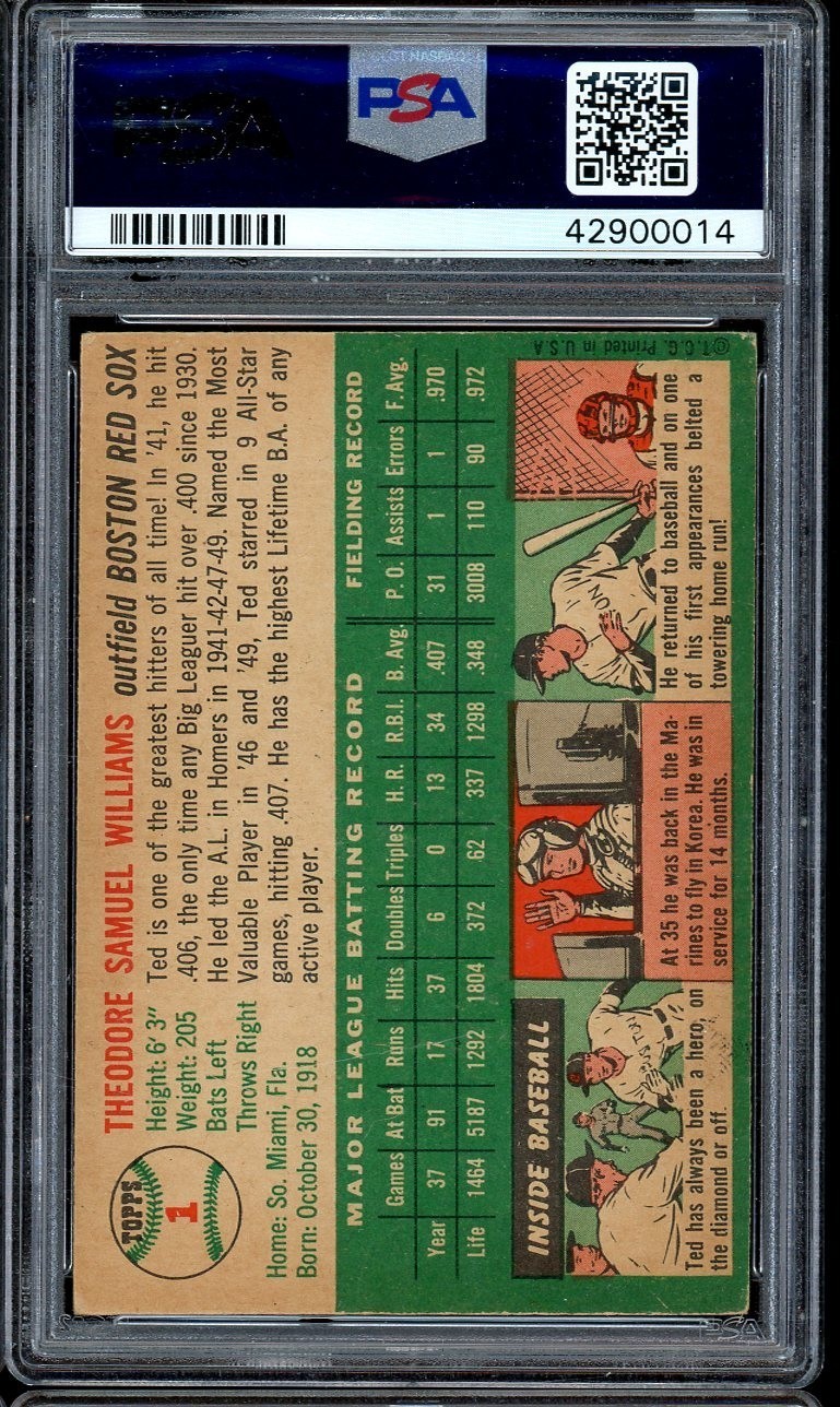1954 Topps Baseball #1 Ted Williams PSA 3 view 2
