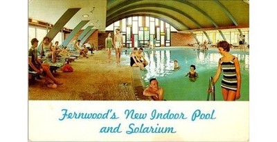 Poconos PA Fernwood Resort Postcard 1960s Solarium Indoor Pool Scene Cedar Dome