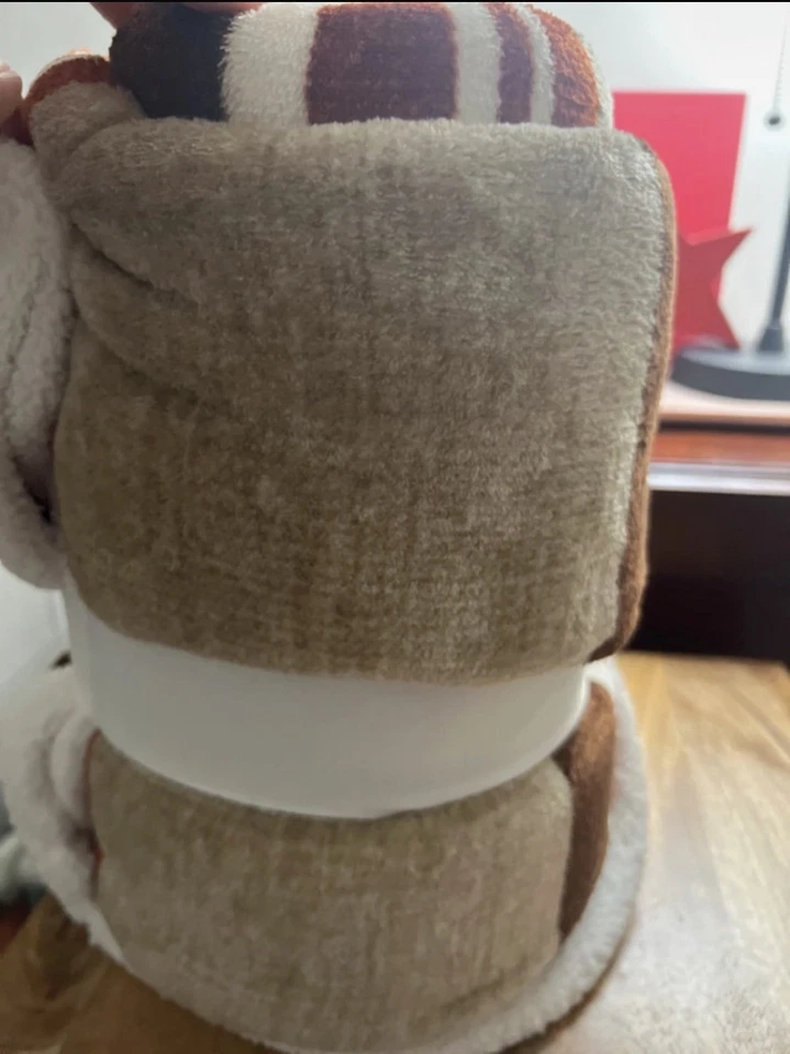 Printed Velvet Plush & Faux Shearling Soft Throw Blanket,, Brown Stripe 50x60 - Image 2 of 4