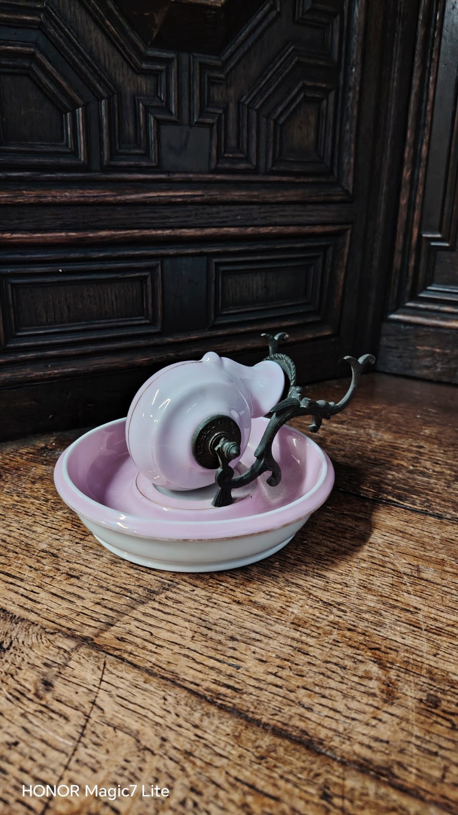 Antique 19th Century French Pink Porcelain And Brass Snail Inkwell Encrier