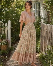cottagecore Boho Mixed Print Blocked Floral Maxi Dress 2 Flutter Sleeve Cutout