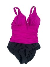 Lands End Halter Tummy Control One Piece Swimsuit Black Pink Sz 8 Y2K Beach Vtg