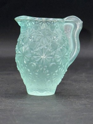 L.E. Smith Glass Co. Mini Pitcher Aqua Frosted Glass Daisy & Button Salesman Sam