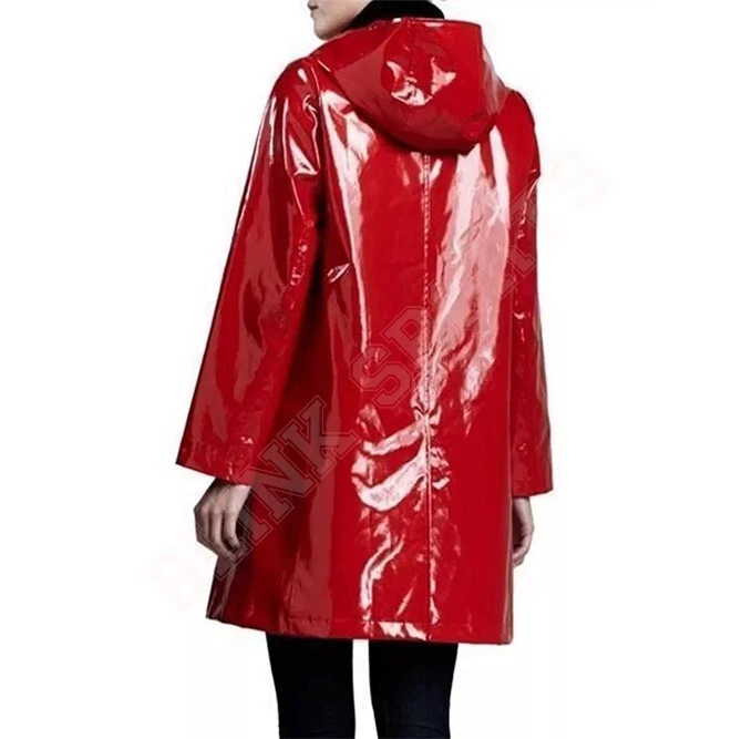Mujeres PVC Cuero Brillante Capucha Ligero Impermeable Elegante Trench Abrigos Largos Foto 2 de 3