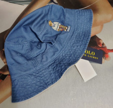 POLO RALPH LAUREN MENS PREPPY TEDDY BEAR CANVAS BLUE BUCKET HAT: S/M, LXL