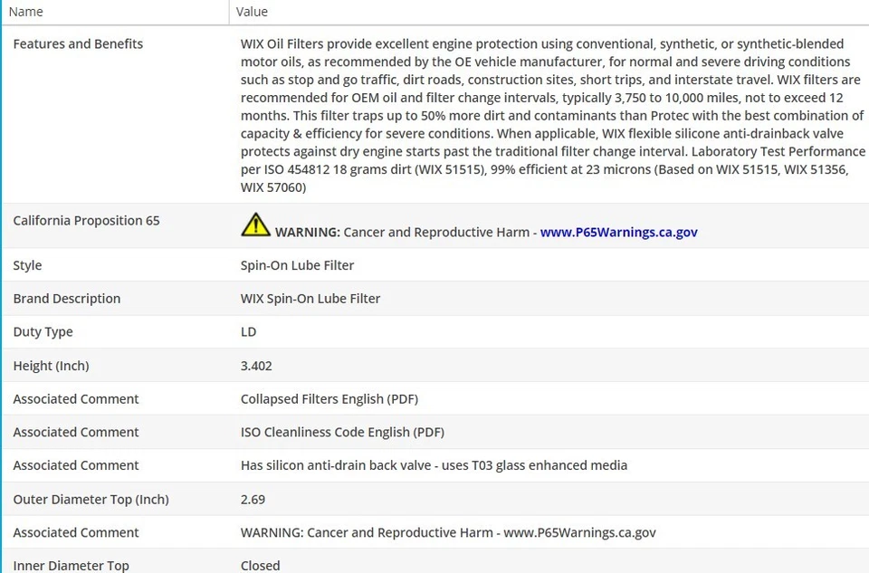 Filtro de aceite de motor OEM WIX para Ford Probe 1993-1997 V6-2,5 L Foto 3 de 4