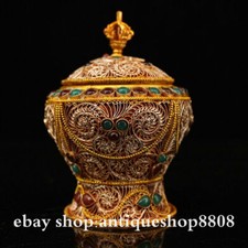 Tibet buddismo Miao argento filigrana intarsiato gemma reliquia vaso vaso bottiglia statua A