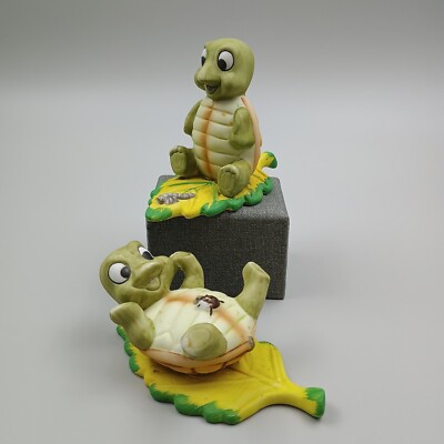 Vintage Kitschy Anthropomorphic Turtle Lady Bug Figurine On Leaf #1123 Set of 2