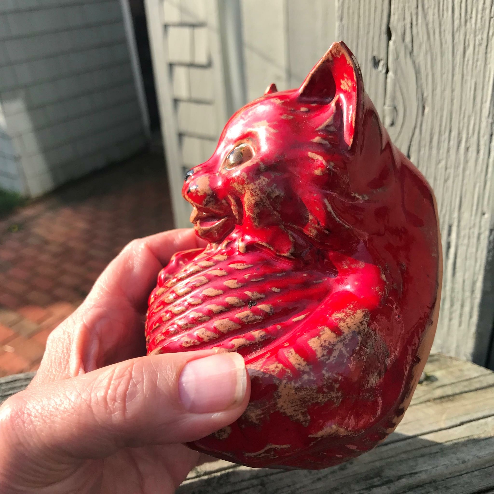 5" Vintage Terra Cotta Red Glaze Kitty Cat Wall String Holder Reproduction