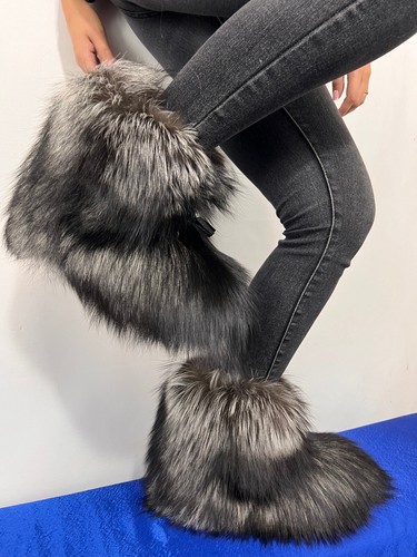 Silver-Black Fox Fur Boots Double Sided Fur Indoor and Outdoor 10" (26cm) Height - Picture 2 of 11