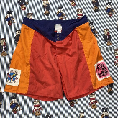 Vintage 90s Morey Boogey Bodywear Athletic Swim Shorts Adult Red Orange Purple