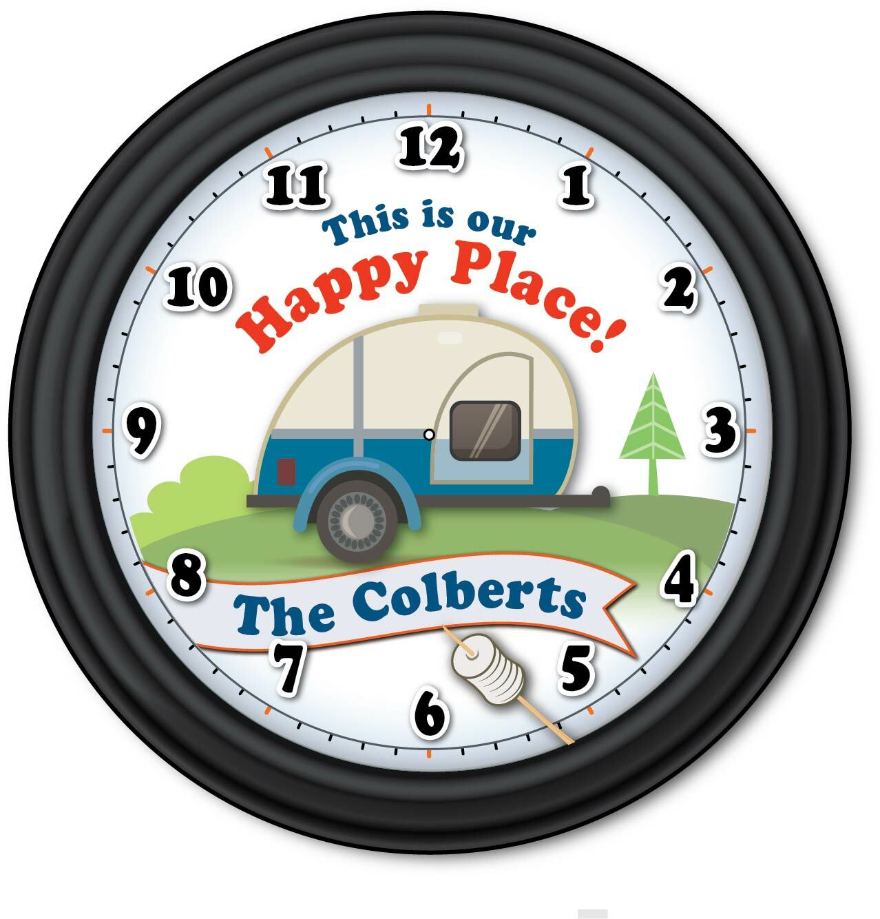 Happy Place PERSONALIZED Wall Clock Teardrop Trailer RV Camper Campground GIFT